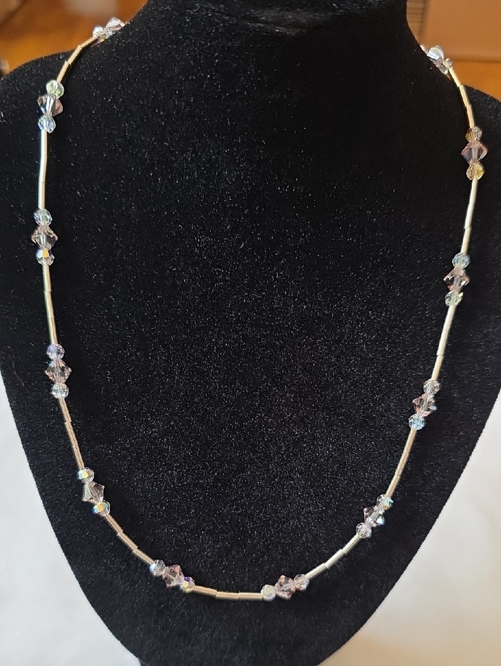 Sterling Silver Iridescent Crystal Bead Station Necklace